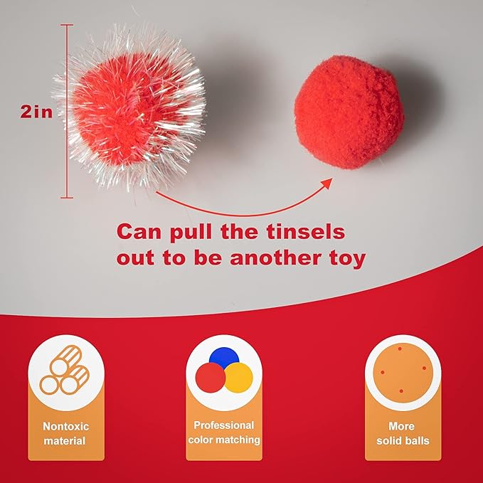 VAPKER 30 Pcs Cat Ball Toys Sparkle Balls Extra Large 2 Inch Cat's Favorite Chase Glitter Ball Glitter Tinsel Pom Poms Balls Red Color