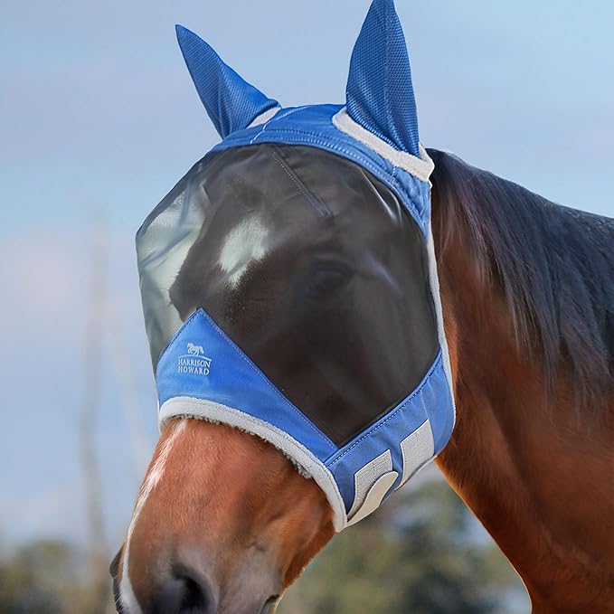 Harrison Howard CareMaster Pro Luminous Horse Fly Mask Large Eye Space Standard with Ears UV Protection for Horse Royal Blue S Pony