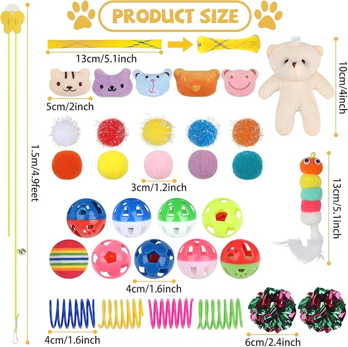 Kitten Toys - 38PCS Cat Play Set, Sparkle Balls, Plush Pom Pom Balls, Hanging Door Toy, Gift Box Styles