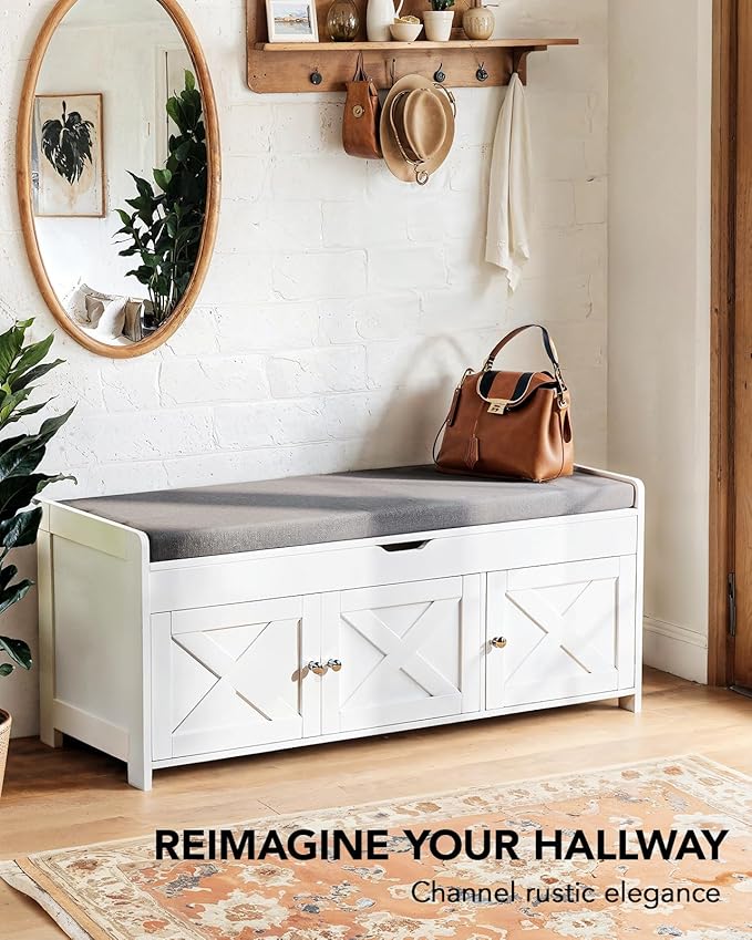 Amada Shoe Storage Bench, Entryway Bench with Cushioned Seat & Lift Top Storage, 3 Doors, Adjustable Shelf, 300 lbs Capacity, Bench with Shoe Rack for Entryway, Bedroom, Living Room, White