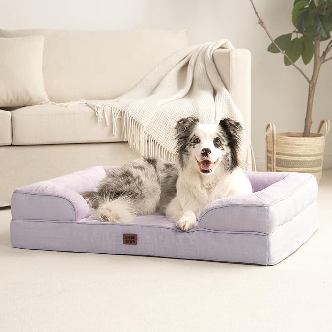 EHEYCIGA Orthopedic XL Dog Beds, Waterproof Memory Foam Dog Bed for Extra Large Dogs, Non-Slip Bottom and Egg-Crate Foam Big Pet Couch Bed with Washable Removable Cover,Lilac