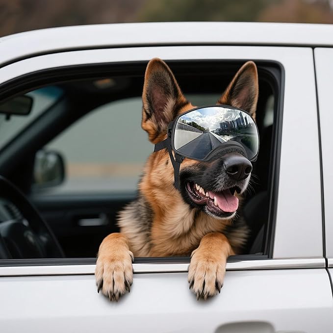 NAMSAN Dog Goggles for Large Dogs, Wide Eyecup & Soft Frame, Anti-UV Sunglasses for Dogs Medium to Large Breed, Driving Dog Eye Protection, Windproof Dustproof, Adjustable, Reflect Silver Lens