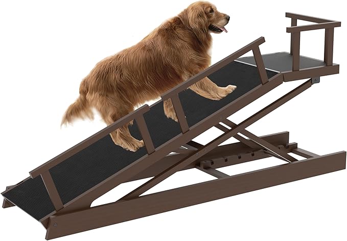 6 Level Height Adjustable Dog Ramp for Bed, Couch 65" Foldable Pet Ramp with Non-Slip Mat，DIY Glow Strips & Rest Platform Heavy Duty Dog Stairs for Large Dogs up to 200Lbs ，Brown