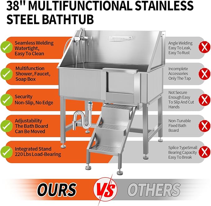 Dog Washing Station 38'' Stainless Steel Pet Grooming Tub for Large Dogs Over-Size Professional Dog Grooming Bathtub Station Wash Shower Sink Pet Grooming Bathtub Station,Right Door