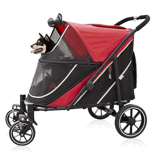 Dog Stroller for Medium/Large Dogs One-Click Folding, Extra Large Pet Stroller for 2 Dogs with Storage Pocket & Shock Absorption, Up to 130 lbs, Red