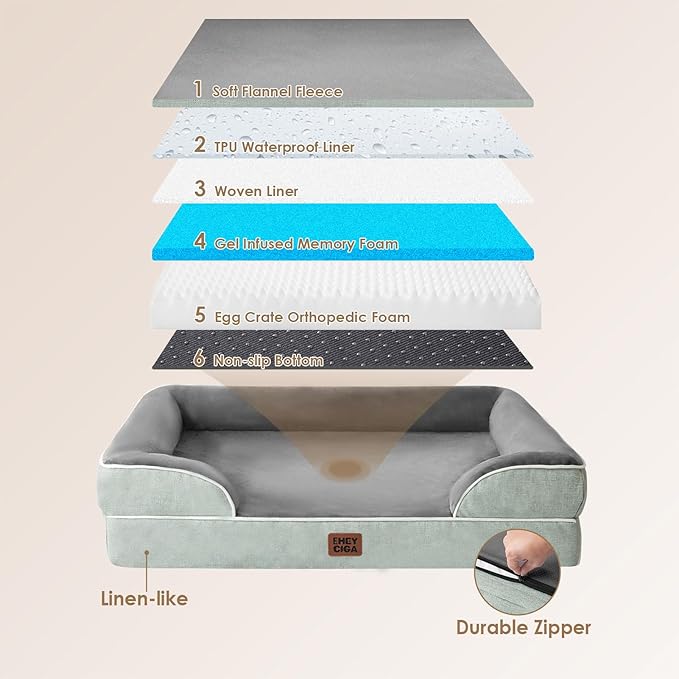 EHEYCIGA Orthopedic Dog Beds for Large Dogs, Waterproof Memory Foam Large Pet Bed with Sides, Non-Slip Bottom and Egg-Crate Foam Dog Couch Bed with Washable Removable Cover, Greyish Green