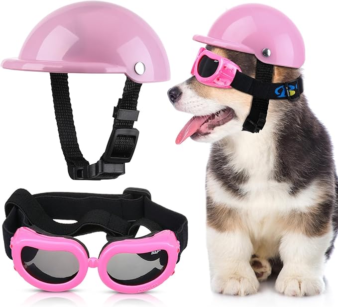 Frienda Dog Helmet and Goggles, UV Protection Doggy Sunglasses and 4 Inch Padded Puppy Motorcycle Helmet Adorable Dog Goggles with Adjustable Belt for Small Dogs Puppy Riding(Pink,S)