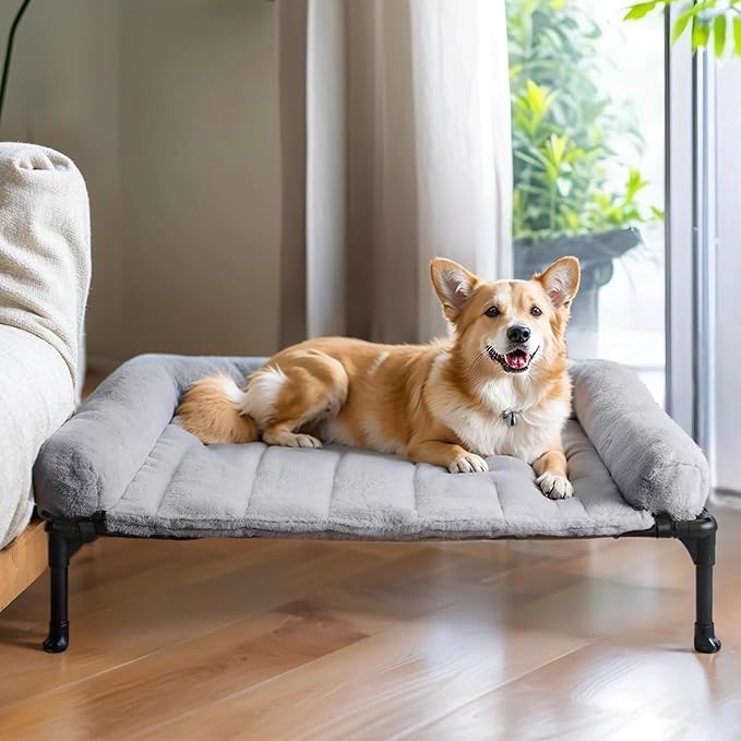 Veehoo Cooling Elevated Dog Bed with Fluffy Plush Bolster Cushion, Indoor Raised Dog Beds for Large Dogs, Soft Pet Sofa Cot with Removable Washable Mat, No-Slip Feet, 32 x 25 inches, Grey
