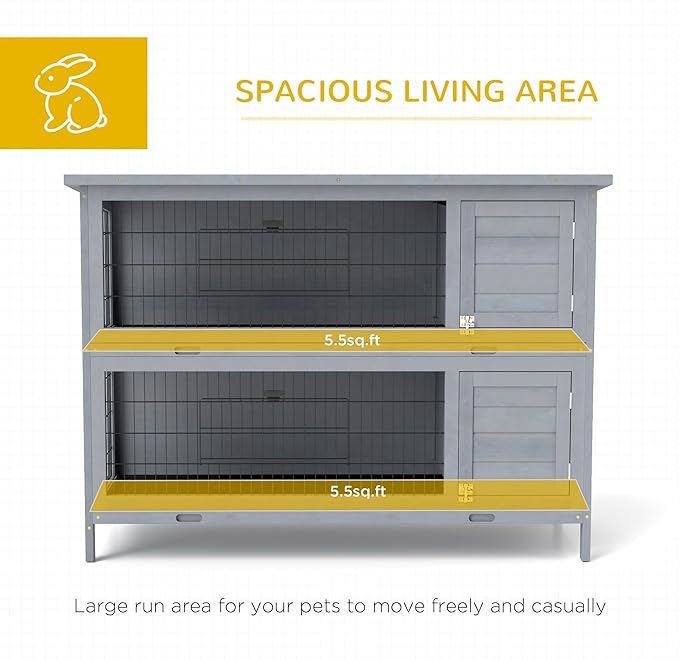 PawHut 54" 2-Story Large Rabbit Hutch Bunny Cage Wooden Pet House Small Animal Habitat with Lockable Doors, No Leak Tray and Waterproof Roof for Outdoor/Indoor Grey