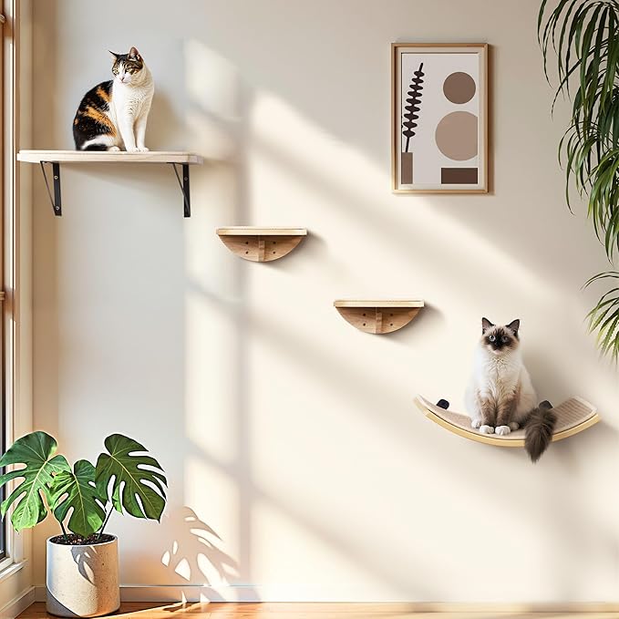Wood Cat Wall Shelves with Sisal Mat – Cats Wall Furniture Steps for Large Cats, Perfect for Play and Vertical Movement