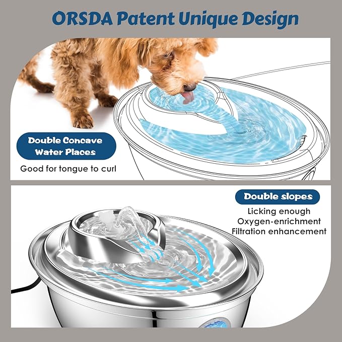 ORSDA Stainless Steel Cat Water Fountain, Automatic Pet Water Fountain, 100oz/3L Drinking Fountain Dog Water Dispenser with Water Level Window- 4Pcs Filters (D66)