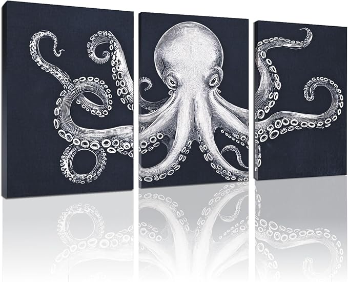 Octopus Wall Decor, Octopus Canvas Wall Art, Ocean Wall Decor,Sea Animal Canvas to Paint for Bathroom, Living Room, Bedroom (12" x 18" x 3 pcs)