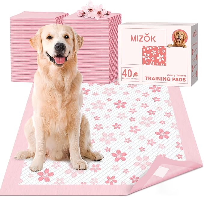 MIZOK Dog Pee Pads 28x34in Pink, Puppy Pads Extra Large Absorbent with Adhesive Tabs 6-Layer Leak-Proof Quick-Dry Design Odor Control for Potty Training, Cherry Blossom Prints (40 Counts)