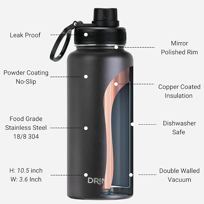 DRINCO Stainless Steel Water Bottle Spout Lid Vacuum Insulated Double Wall Water Bottle Wide Mouth (40oz 32oz 22oz 18oz 14oz) Leak Proof Keep Cold Sport Camping Hiking (32 oz, 32oz Black)
