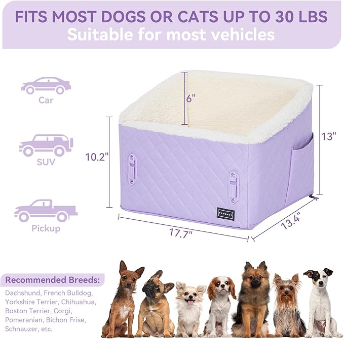PETSFIT Dog Booster Car Seat, Soft Foam Cat Car Seat with Patented Safety Buckles, Storage Pockets and Detachable Clip-On Safety Leash, Dog Car Seats for Small Dogs Under 30 LBS (Purple)