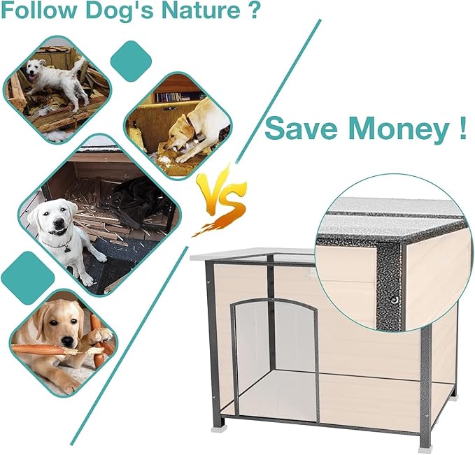 Feral Dog House Outdoor,Anti Bite Iron Frame Dog Kennel,Wood Warm Pets Home,Insulated Weatherproof Outside Shelter for Feral Animal (43.3" (L) x 29.4" (W) x 33.4" (H)-Brown-in)