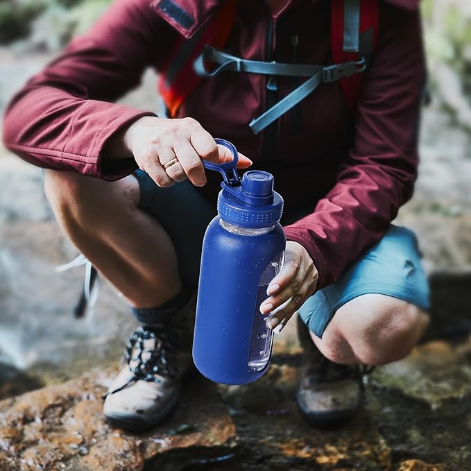 32 oz Glass Water Bottle with Straw and Handle, Sports Motivational Water Flask with Silicone Sleeve, Large Leakproof Water Flask Cup with Time Marker for Travel, Gym, Dark Blue