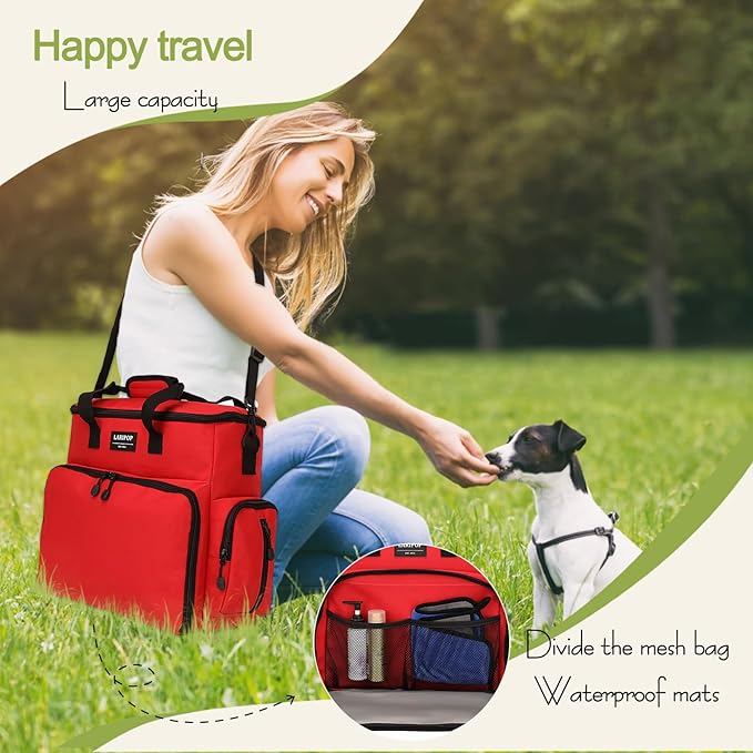 Dog Travel Bag,Weekend Pet Travel bag Set for Dog and Cat,Airline Approved Tote Multi-Function Bags for Traveling,Include 2 Collapsible Bowls,2 Food Storage Containers,1 Feeding Mat,Red