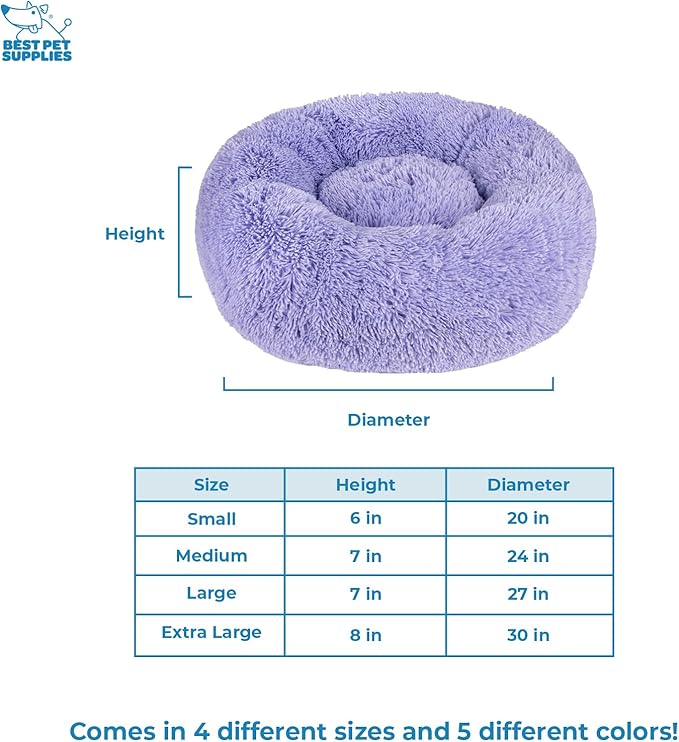 Best Pet Supplies Round Donut Dog Bed with Plush Faux Fur Fabric, Calming, Anti-Anxiety Cushion for Indoor Pets, Slip-Resistant Base, Soft Ergonomic Support - Lavender, 24x24x7''