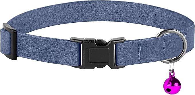 Breakaway Cat Collar Leather with Removable Bell - 13 Colors Available - Soft Adjustable Girl Boy Safety Lightweight Pet Kitten Collars Pink Brown Blue Green Red Orange Black (Denim)