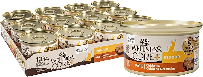 Wellness CORE+ Indoor Pate Adult Wet Cat Food, Natural, Protein-Rich, Grain Free, 3 Ounce, 12 Pack (Chicken & Chicken Liver)