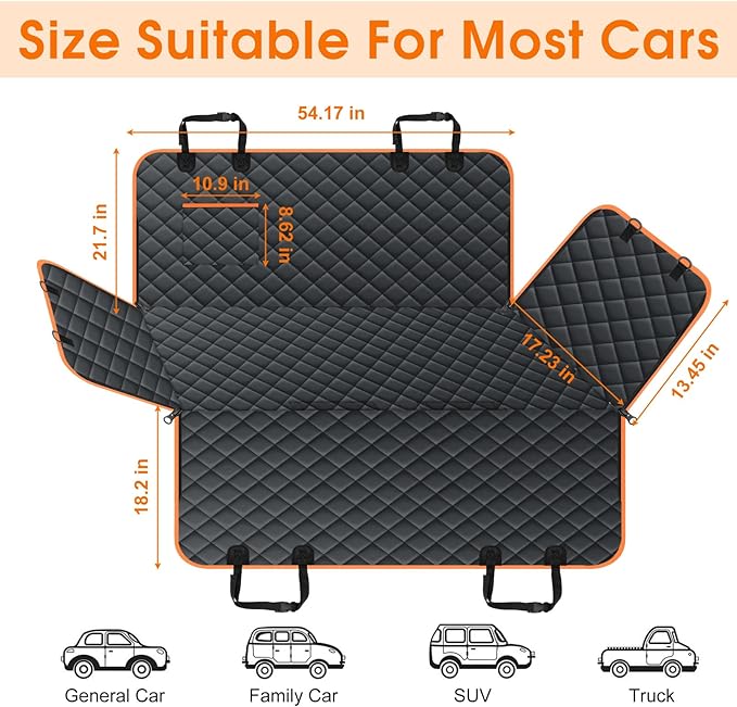 Dog Car Seat Cover, Durable Waterproof Scratch Proof Nonslip Dog Hammock, Back Seat Covers with Pocket for Cars SUVs and Trucks - S, Black/Orange