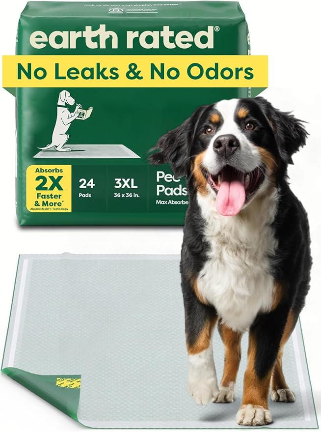 Earth Rated Max Absorbency Puppy Pee Pads for Dogs Absorbs 2X Faster & 2X More, Leak-Proof Odor-Free Potty Training Wee Wee Pad, Unscented, 3XL, 36” x 36”, 24 Count