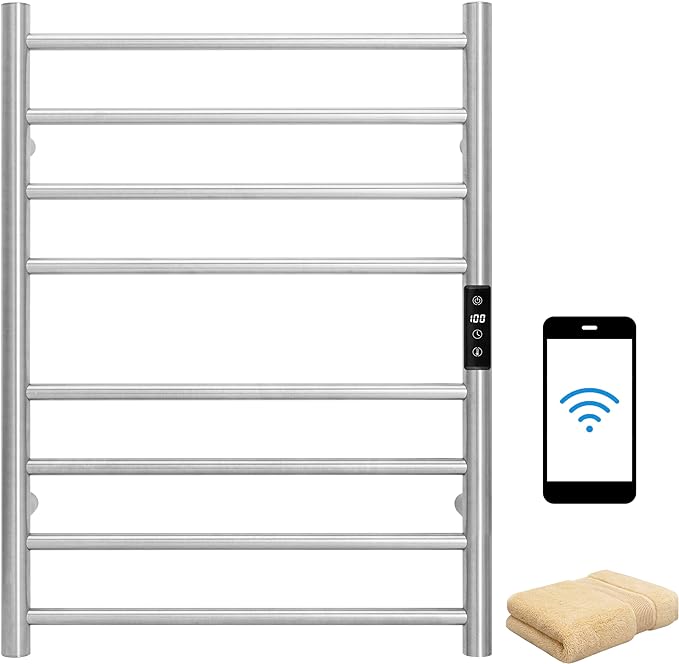 KEG Smart WiFi Towel Warmer Wall Mounted with Built-in Timer and Temperature Adjust Control, 8 Bars Electric Stainless Steel Heated Towel Racks for Bathroom Brushed Nickel