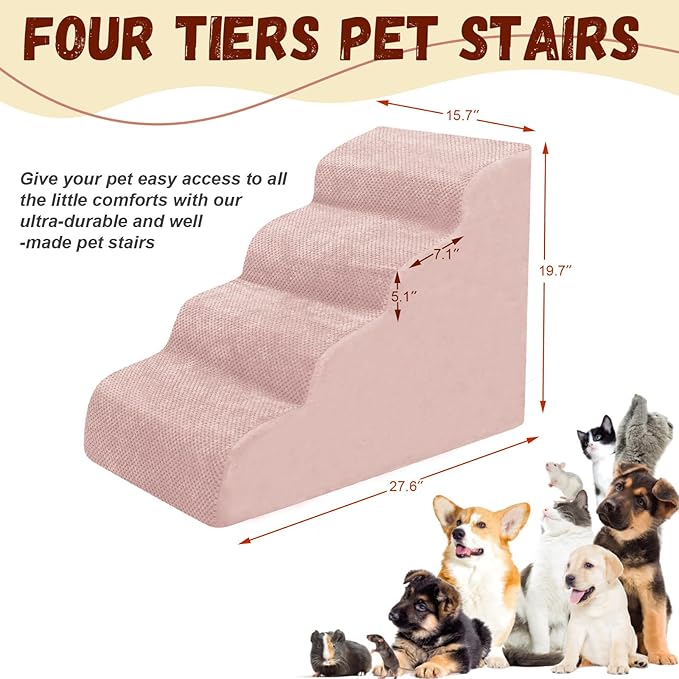 Dog Stairs for Small Dogs - High Density Foam Pet Steps, Extra Wide Dog Ramp with Non-Slip Bottom for High Beds, Couch and Sofa, Best for Dogs Injured, Older Doggy Cats,4 Stpes, Pink