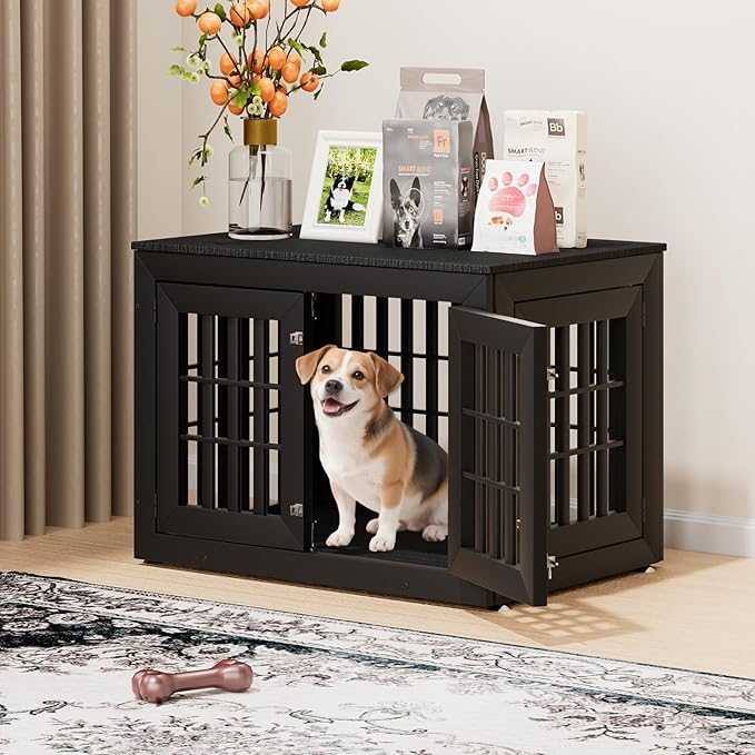 38" Heavy Duty Dog Crate Furniture for Small,Medium and Large Dogs,Rustic Wooden Dog Cage Kennel Indoor Furniture with Waterproof Top,Decorative Pet House Side End Table (Black)