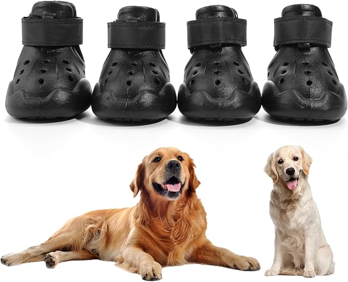 Dog Shoes, Dog Sandals for Hot Pavement, Non-Slip Waterproof Dog Booties for Winter Snowy Day and Summer, Adjustable Straps Easy-Clean Beach Outdoor Pet Boots Rugged Sole-4Pcs Black