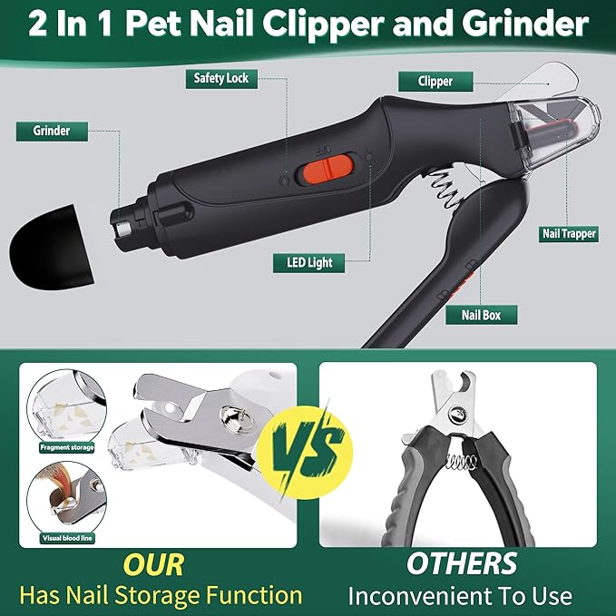 2-in-1 Dog Nail Clippers & Cat Nail Clippers Trimmers for Large Medium Small Dogs Cats Claw Trimmer Quick Sensor and Safety Guard USB Rechargeable with 2 LED Lights Dogs Nail Trimmer