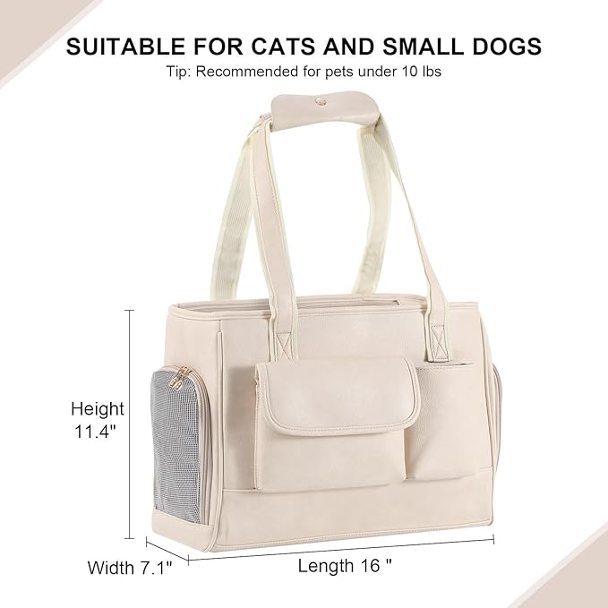 Dog Carrier Purse, Fashion Leather Pet Carrier Bag, Airline Approved Soft Sided Cat Travel Tote Bag with Pockets White