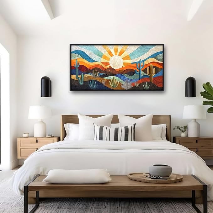 Extra Large Framed Abstract Boho Desert Wall Art, Sun Cactus Landscape Wall Decor Pictures for Living Room,Cacti Canvas Print Painting Modern Artwork Bedroom Office Bathroom Home Decor 60L x 30W
