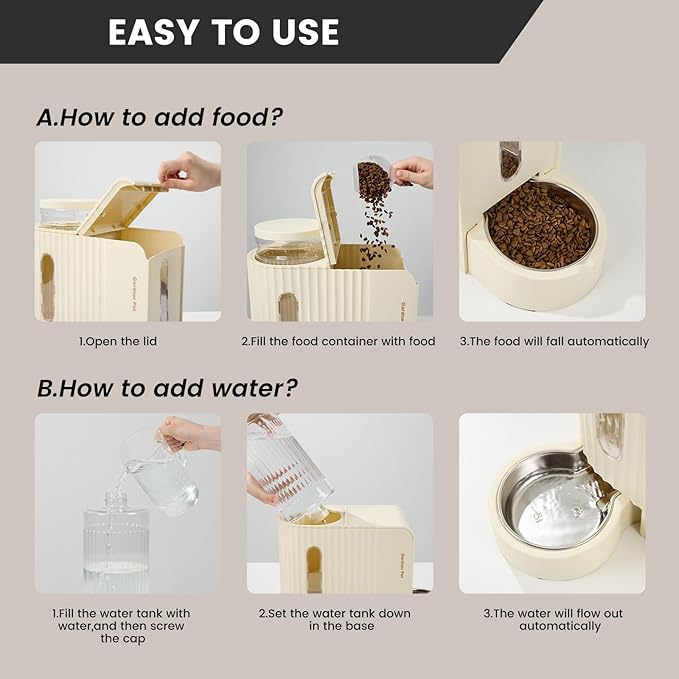 Gardner Pet Gravity Automatic 2-in-1 Pet Feeder, 0.8 Gallons*2 Cat Feeder and Water Dispenser Set, 100% BPA-Free Feeder and Stainless Steel Water Dispenser for Dogs, Cats, Rabbits, Puppies (Beige)