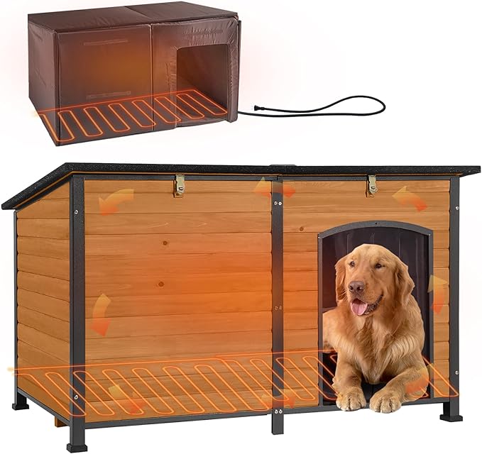 GUTINNEEN Heated Dog House Outdoor 59.1" Extra Large Dog Kennel with Metal Frame Insulated Dog Crate Cage for Large Dogs Outside with Heater and Insulated Liner, Brown