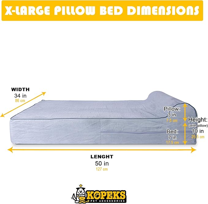 KOPEKS Orthopedic Memory Foam Dog Bed 7" Inch Thick Extra Large Dog Bed With Pillow Grey 50"x34"x10" Includes Waterproof Liner and Durable Removable Cover With Smart Design