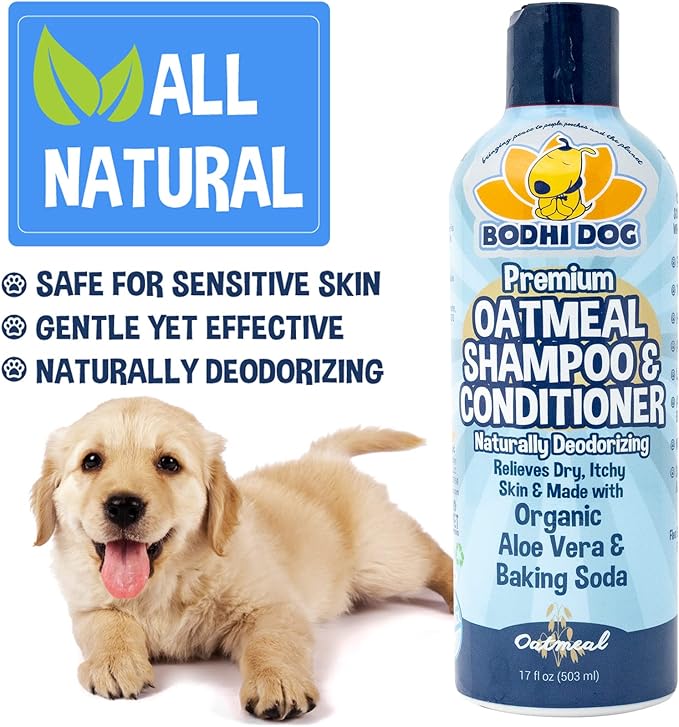 Bodhi Dog Grooming Bundle - Oatmeal Shampoo & Conditioner with Bath Brush - Pet Shower Supplies for Dogs and Cats - Gentle Care for Long, Short & Curly Hair, Safe and Effective, Made in USA