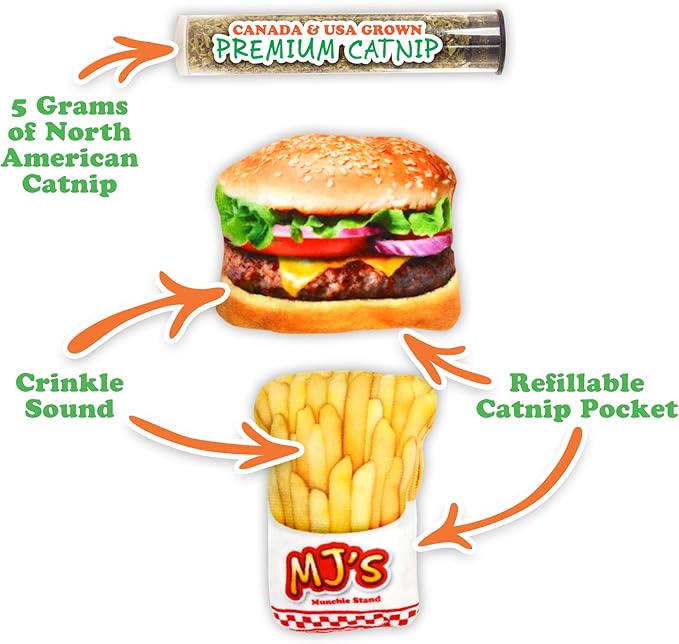 Meowijuana Refillable Cat Toys | Get Hungry - Burger and Fries Catnip Toys | Includes Potent Hand Harvested Catnip Grown in North America | Promotes Play and Cat Health