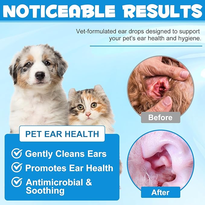Dog Cat Ear Infection Treatment Drops, Pets Ear Cleaning Drops with 1% Hydrocortisone for Dog & Cats Yeast Infection, Itchy Ear Relief, Pet Ear Care Supplies for Dogs & Cats -2fl oz(2PCS)
