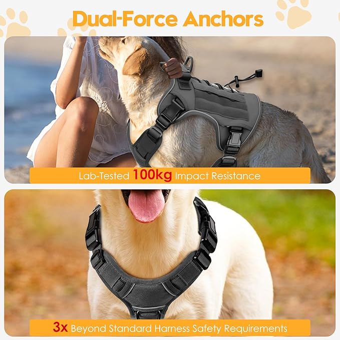 Heavy-Duty Tactical Dog Harness for Large Dogs, No Pull Adjustable Reflective Pet Vest with Molle System, K9 Military-Grade Control for Service Training, Outdoor & 10+ Breeds, Gray, Large
