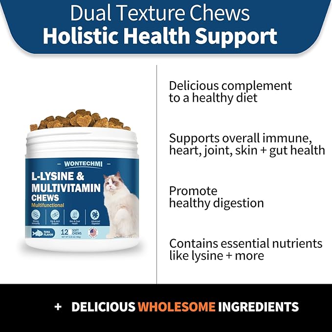 L-Lysine Supplement for Cats, Cat Vitamins for Sneezing, Runny Nose, Cold, Immune Support, Eye Function and Respiratory Health, Natural Lysine Cat Treats (120 Chews, Tuna)