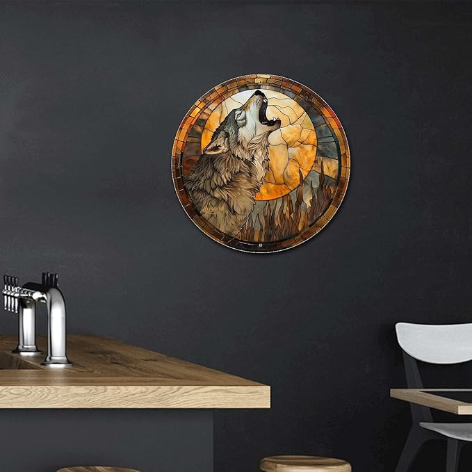 Lygond Metal Sign Tin Sign Circular Stained Glass Gray Wolf Bar Signs for Home Bar for Bar 8×8 Inches