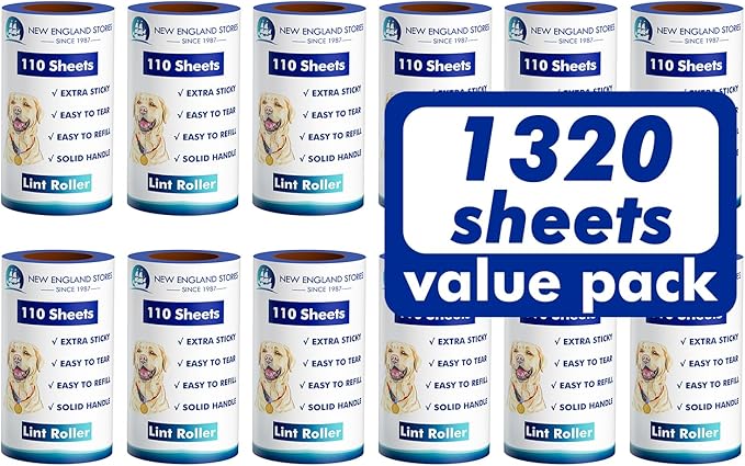 Lint Rollers for Pet Hair Extra Sticky, 1320 Sheets (12 Refills Mega Value Set), Portable Pet Lint Remover for Clothes, Furniture, Carpet, Dog & Cat Hair Removal