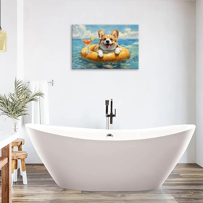 Ocean Funny Corgi Dog Pictures Wall Art, Bathroom Cute Dog Wall Decor Sea Coastal Framed Painting Beach Canvas Artwork for Bathroom Bedroom Living Room Decorations 24"L x 16"W