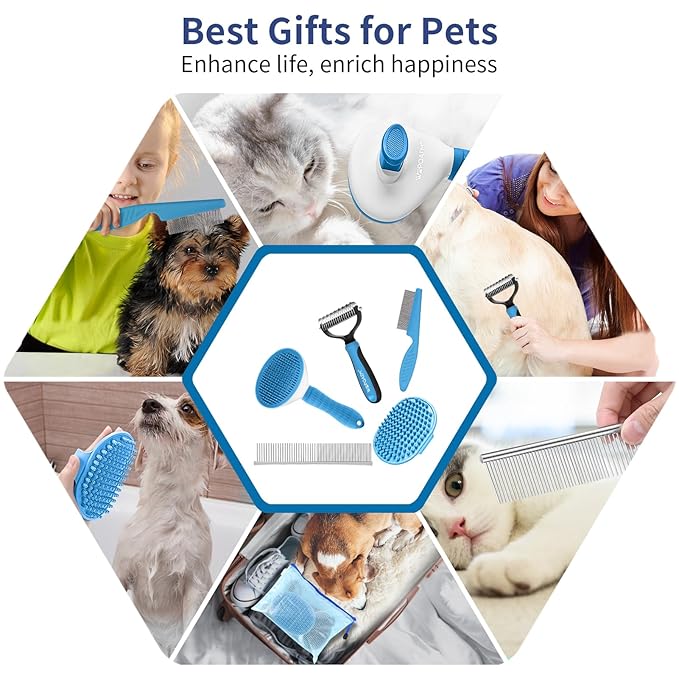 5 in 1 Dog Grooming Kit - Self-Cleaning Slicker Brush for Shedding Short Long Haired Dogs & Cats, Includes Pet Comb, Flea Comb, Bath Brush, Undercoat Rake - Complete Fur Care Set - Blue