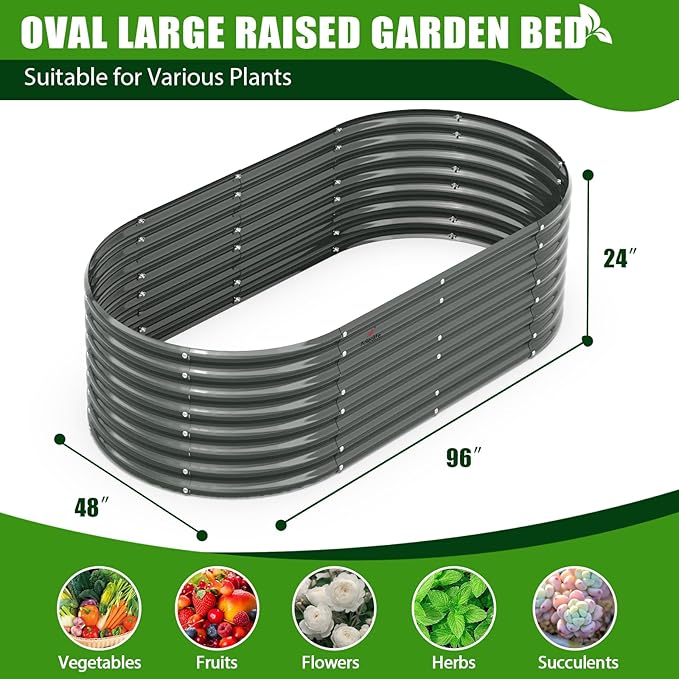 A ANLEOLIFE 8x4x2ft Galvanized Raised Garden Bed Kit, Oval Metal Deep Root Planters for Outdoor Plants Vegetables Flowers Herb, Large Bottomless, 478 Gallon Capacity- Quartz Grey