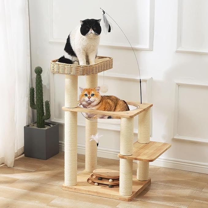 34 Inch Solid Wood Cat Tree Tower with Space Capsule, Hand-Woven Basket Nest, Feather Toy, Hanging Balls, Sisal Posts, 4-Tier Indoor Climbing Cat Tower for Kittens