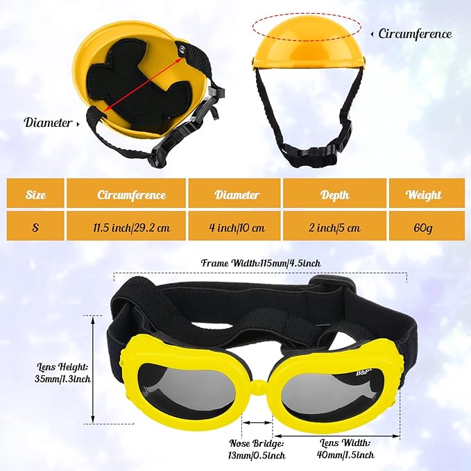 Frienda Dog Helmet and Goggles, UV Protection Doggy Sunglasses and 4 Inch Padded Puppy Motorcycle Helmet Adorable Dog Goggles with Adjustable Belt for Small Dogs Puppy Riding(Yellow,S)