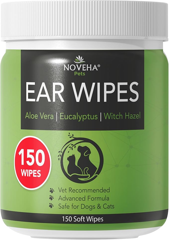 NOVEHA - Dog Ear Cleaner Wipes, Daily Ear Cleaner for Dogs & Cats - Stop Ear Itching with Aloe, Eucalyptus & Witch Hazel Ear Wipes for Dogs - for Odor Control, Dirt and Wax Removal, Unscented (150 Ct)